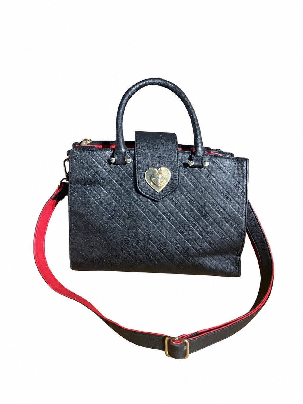 Betsey Johnson Black & Red Embossed Heart Satchel Crossbody Bag